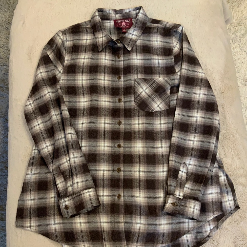 Hippie Rose Brown White M Plaid Long sleeve Flannel button up Soft Cabin Cottage